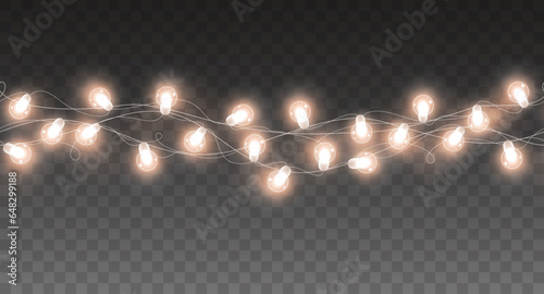 Lights bulbs seamless pattern isolated on transparent background. Glowing white fairy Christmas garland string. Vector New Year party led lamps decoration