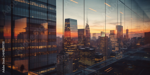 a skyscraper office building at sunset, reflective glass facade, bustling city background, golden - hour lighting