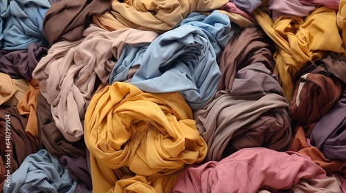 large pile stack of textile fabric clothes. concept of recycling, up cycling, awareness to global climate change, fashion industry pollution, sustainability, reuse of garment.