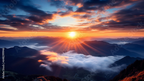 sunrise, above the clouds from a mountain peak, sun creating a halo effect