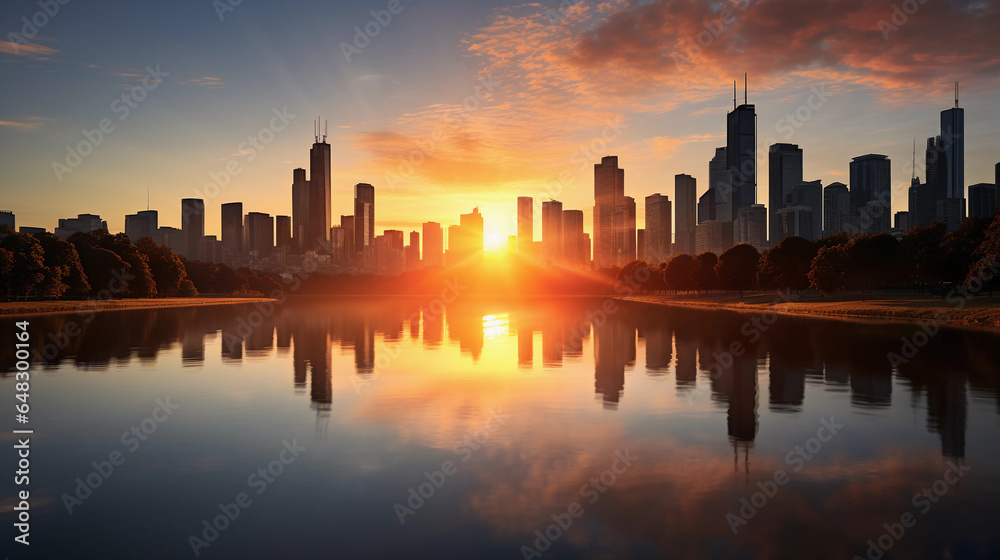 urban sunrise, sun ascending behind a city skyline, skyscrapers silhouetted, soft reflections on a river