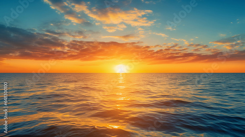 sunrise over a tranquil ocean, sun just touching the horizon, golden hues scattered across the sky, gentle ripples on the water