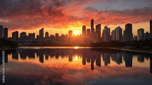 urban sunrise, sun ascending behind a city skyline, skyscrapers silhouetted, soft reflections on a river