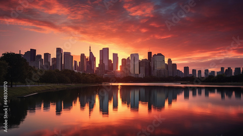 urban sunrise, sun ascending behind a city skyline, skyscrapers silhouetted, soft reflections on a river