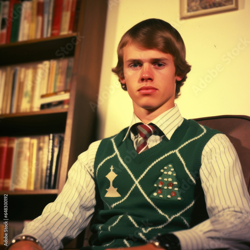 1970s era portrait, pretty young male high school student at Christmas, living room, harsh flash, faded color print photo