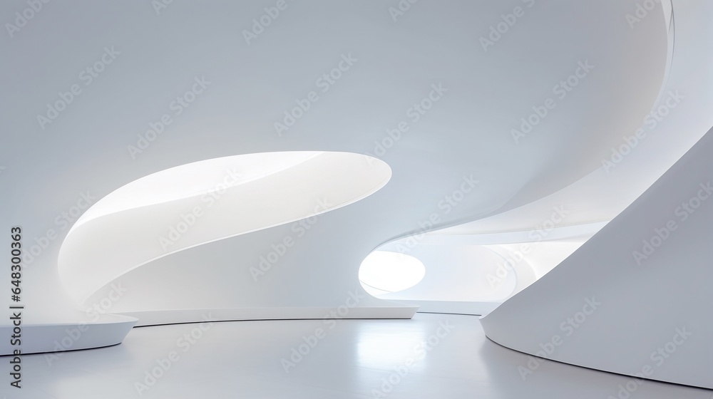 Futuristic empty museum displaying room with bright light cast the shadow on skylight, streamline white interior facade, abstract geometric design background. Futuristic empty museum displaying room with bright light cast the shadow on skylight, streamline white interior facade, abstract geometric design background.