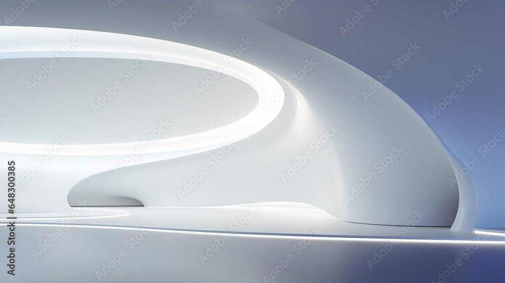 Futuristic empty museum displaying room with bright light cast the shadow on skylight, streamline white interior facade, abstract geometric design background. Futuristic empty museum displaying room with bright light cast the shadow on skylight, streamline white interior facade, abstract geometric design background.