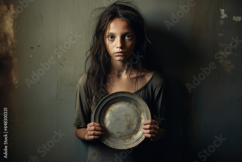 a young child holding a empty plate. helping the needy concept. poverty and hunger concept. beggar, begging.