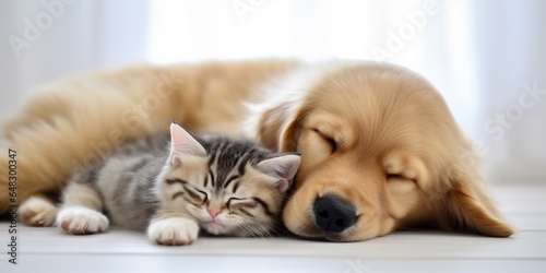 Cat and dog sleeping. Puppy and kitten sleep. on white blurred home background, with copy space, concept of sweet sleeping, friendship and peaceful slow life.