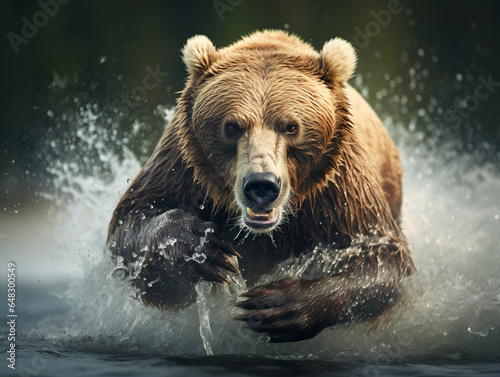 Big brown bear in icy river looking for salmon. Illustration of grizzly bear in choppy waters and dramatic action catching salmon. Bear in the Alaskan river. © Vagner Castro