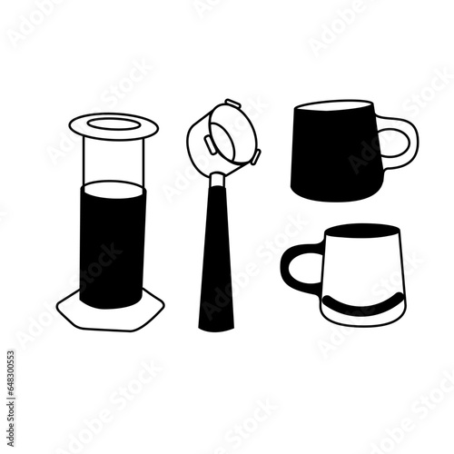 A vector set featuring AeroPress, Bottomless Filter, and 2 Coffee Cup vectors – an essential tool for coffee brewing enthusiasts.