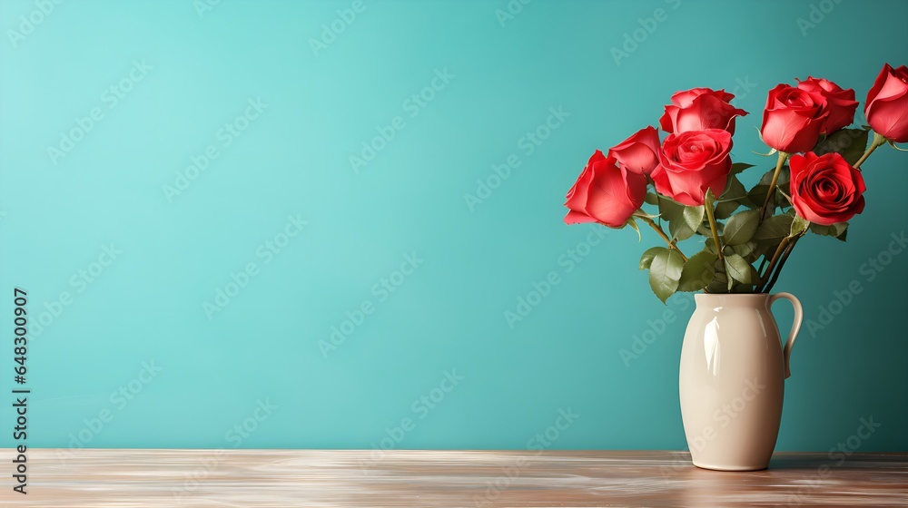 Minimalist Home Decor: Glass Vase with Roses on Wooden Table - Blank Turquoise Wall Background with Copy Space Minimalist Home Decor: Glass Vase with Roses on Wooden Table - Blank Turquoise Wall Background with Copy Space