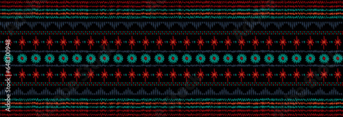 Ikat floral paisley embroidery on dark. Seamless pattern.