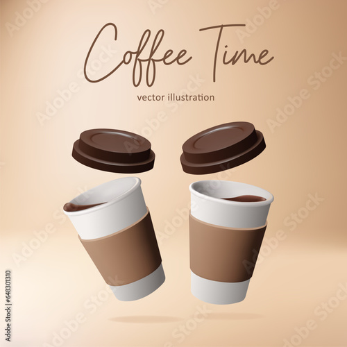 Coffee time banner. 3d realistic two paper coffee cups. Takeaway coffee or tea to go concept. Vector eps10 illustration or background.