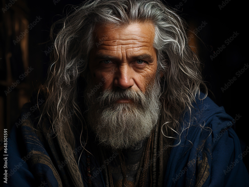 Handsome gray-haired old man with long beard, radiates a distinct beauty. Middle-aged man in closeup with reflects wisdom and serenity. Handsome gray-haired old man with long beard, radiates a distinct beauty. Middle-aged man in closeup with reflects wisdom and serenity.