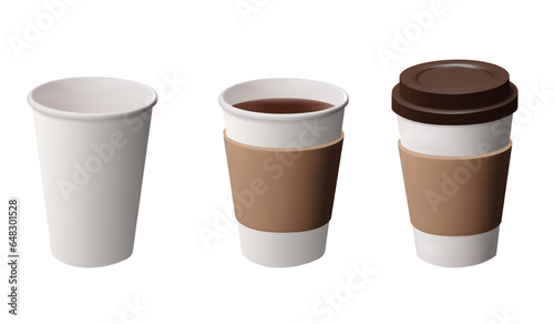 3d Papper coffee Cups set. Empty cup, cup with coffee and with plastic lid. Takeaway coffee or tea to go or delivery concept. Vector illustration isolated on white background.