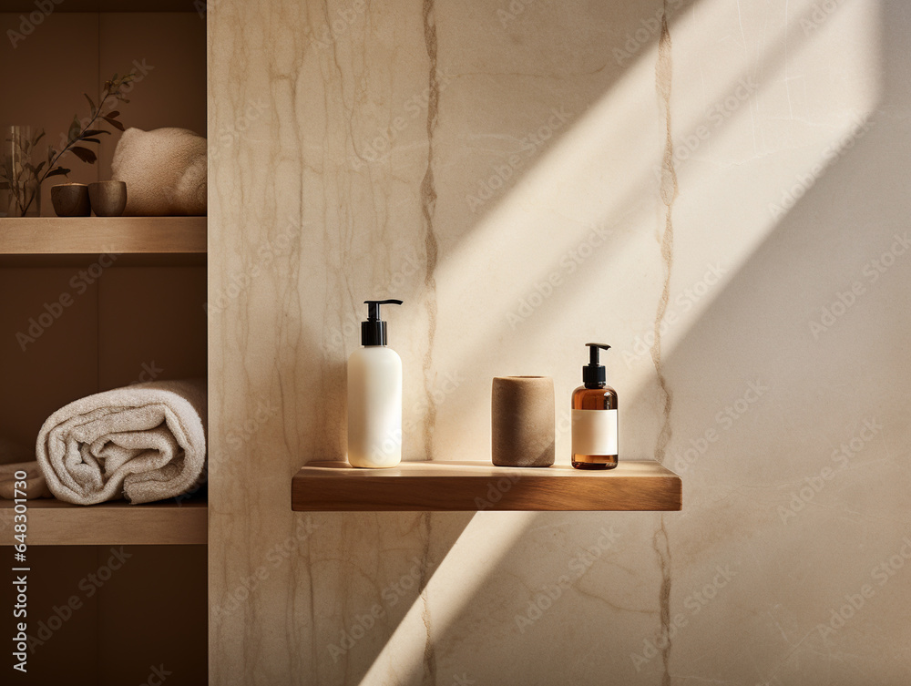 Modern design of bathroom interior with cosmetic products on shelf - obrazy, fototapety, plakaty 
