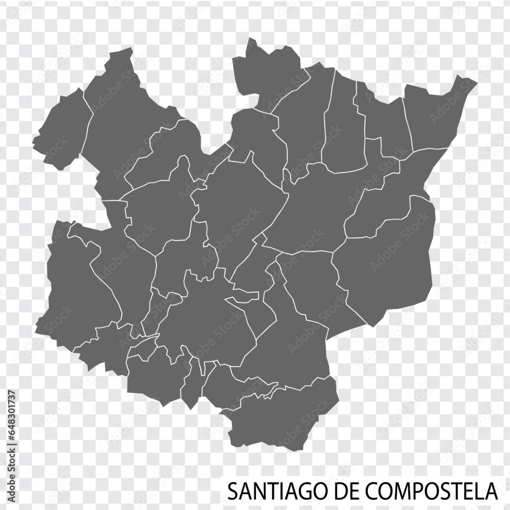 High Quality map of Santiago de Compostela is a city in Spain, with borders of the Districts. Map of Santiago de Compostela for your  design, app, UI. EPS10.