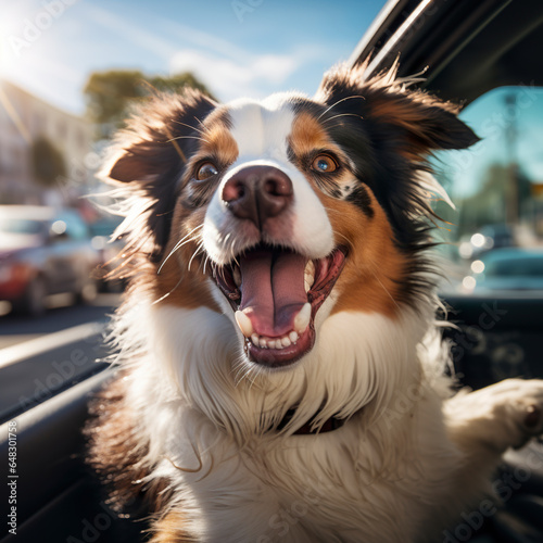 A happy dog in a car going for a walk. Dog smiles with tongue out with eyes shining with joy and excitement. Dog in complete happiness.