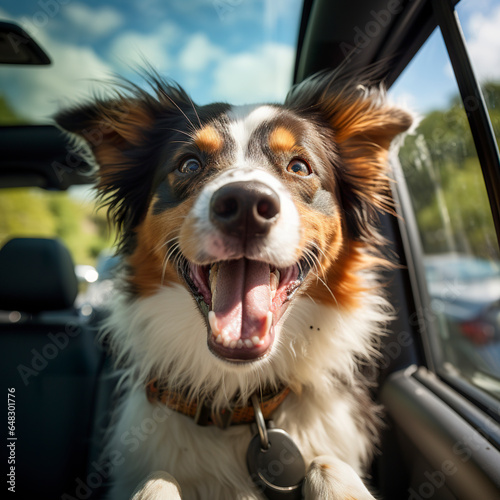 A happy dog in a car going for a walk. Dog smiles with tongue out with eyes shining with joy and excitement. Dog in complete happiness. © Vagner Castro