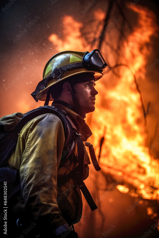 Close-up of a firefighter at a forest fire Close-up of a firefighter at a forest fire