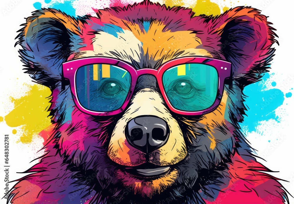 Colorful painting of bear. Digital art of multicolored grizzly on white background with paint splashes. Full muzzle view. Graffiti style. Printable design for t-shirts, mugs, cases, bags, pillows etc.