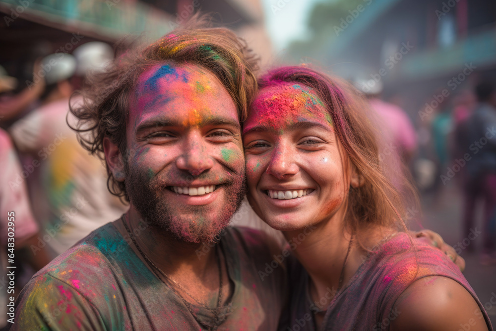 American couple at Holi festival in India American couple at Holi festival in India