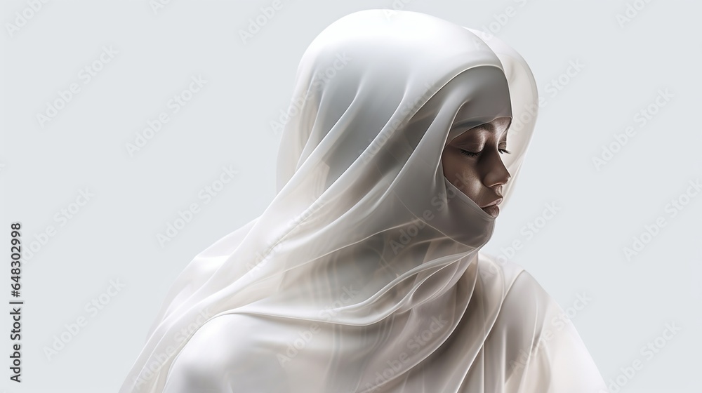 Arabic women with headscarf. Beautiful muslim woman covers her face with cloth. Islamic fashion style. Generative AI. Illustration for banner, poster, cover, brochure or presentation.