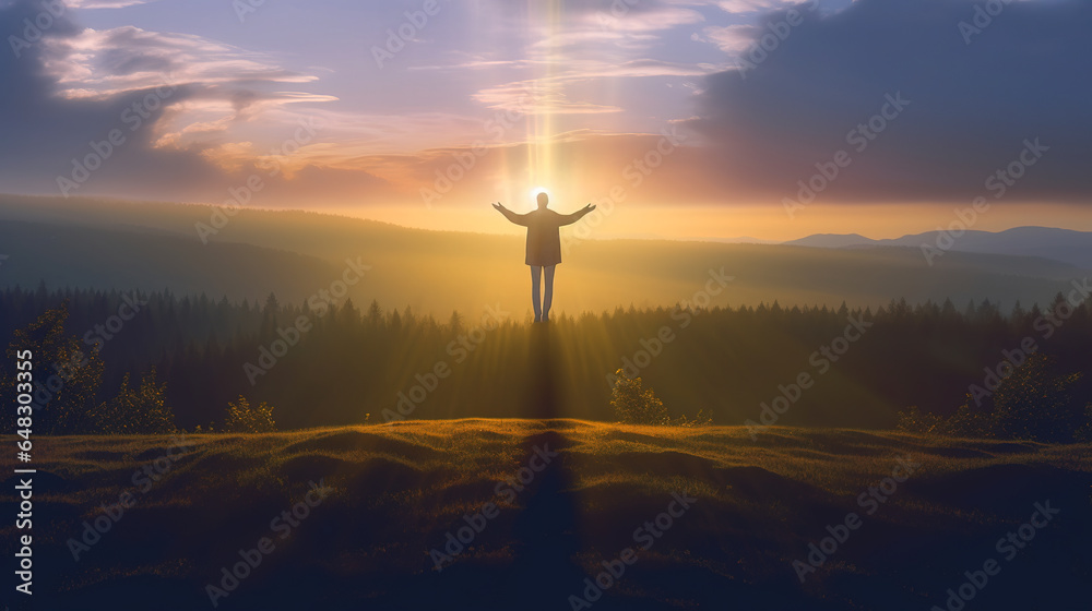 Human spirit above tree tops in golden sunset light. Mystical experience, life after death, miracles, resurrection, astral projection, and out of body experience concepts. - obrazy, fototapety, plakaty 