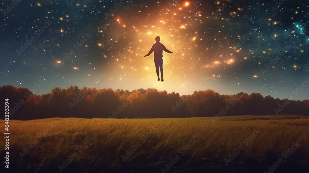 Human spirit flying over the field, surrounded by sparkling golden light. Mystical experience, life after death, afterlife, astral projection, and out of body experience concepts. - obrazy, fototapety, plakaty 