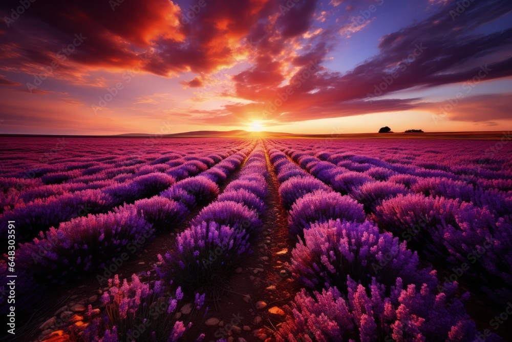Beautiful lavender field at sunset - obrazy, fototapety, plakaty 