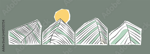 Abstract mountain collage shape. Landscape pattern vector background. Paper torn hill silhouette. Alps terrain aesthetic banner. Doodle rock mount illustration. Scandinavian style nature and outdoor