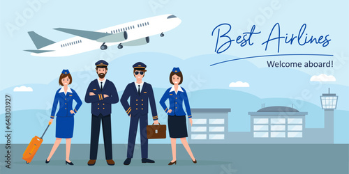 Airlines banner. Airplane staff or crew and plane at the airport. Aircraft captain, pilot assistant and stewardesses in uniform. Professional Team of smiling airline workers characters. Vector.