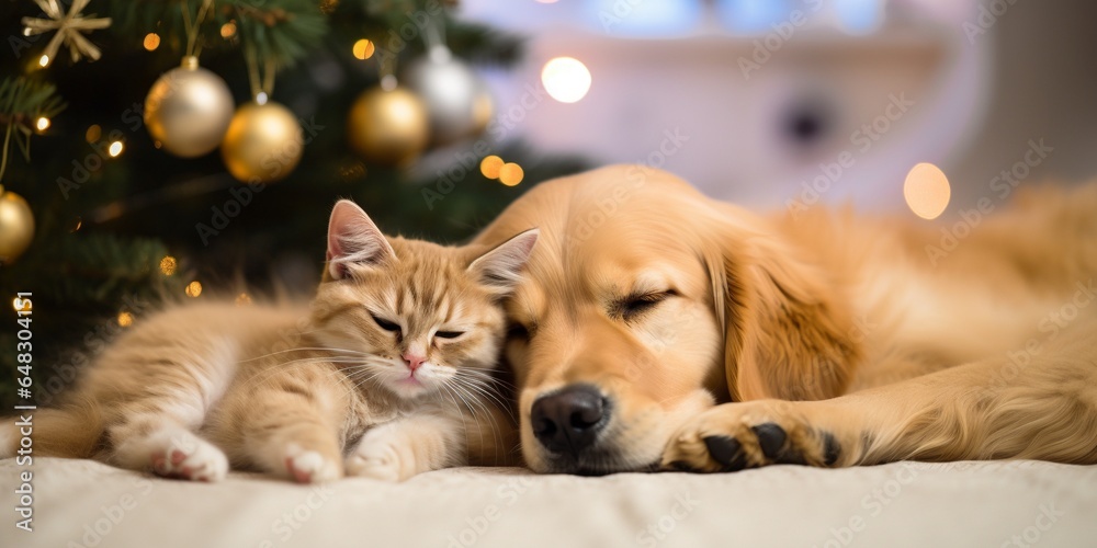 Cat and dog sleeping. Puppy and kitten sleep. on blurred home with decorated Christmas tree background, with copy space, concept of sweet sleeping, holiday seasons and Christmas Eve. - obrazy, fototapety, plakaty 