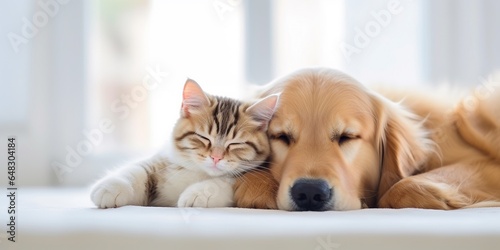 Cat and dog sleeping. Puppy and kitten sleep. on white blurred home background, with copy space, concept of sweet sleeping, friendship and peaceful slow life.
