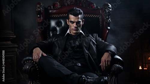 Handsome scary male vampire with fangs  in black fancy suit  sitting in darkness throne on castle background  with copy space  Halloween event poster and background idea.