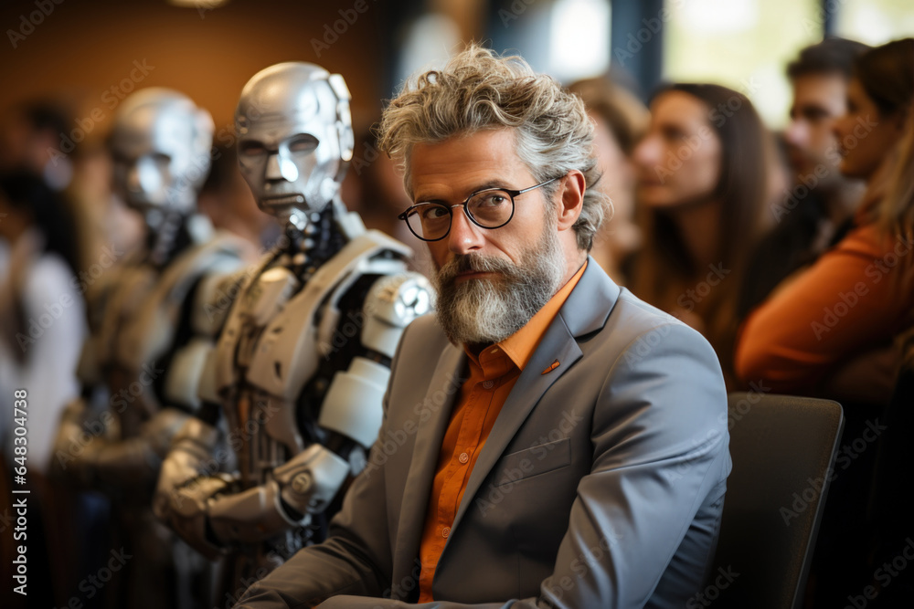 Man and AI robot waiting for a job interview, AI vs human competition Man and AI robot waiting for a job interview, AI vs human competition