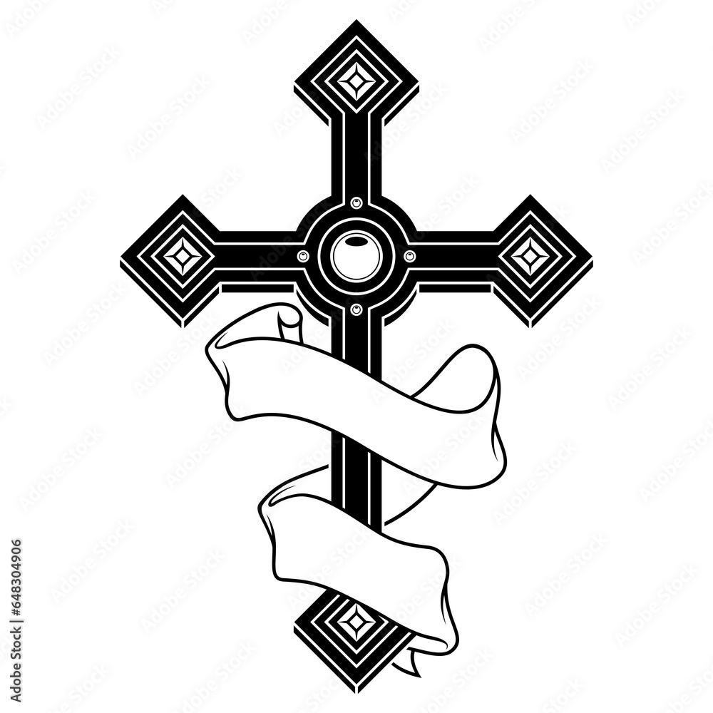 Christian cross with ribbon, symbol of Catholic religion, Christian cross with diamonds and ribbon