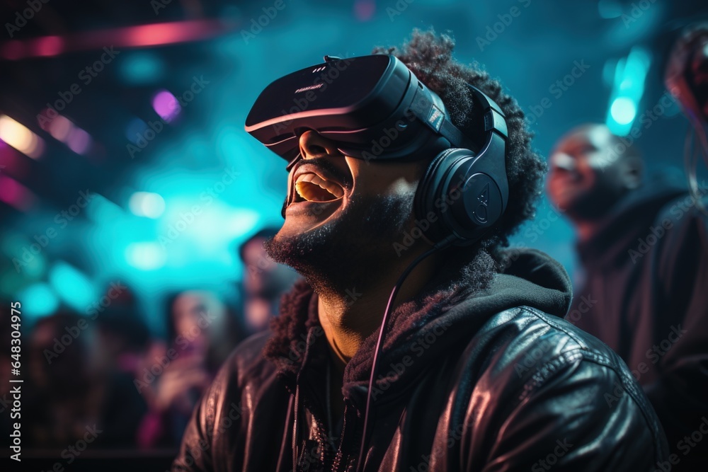 A man wearing virtual reality glasses at a concert festival A man wearing virtual reality glasses at a concert festival