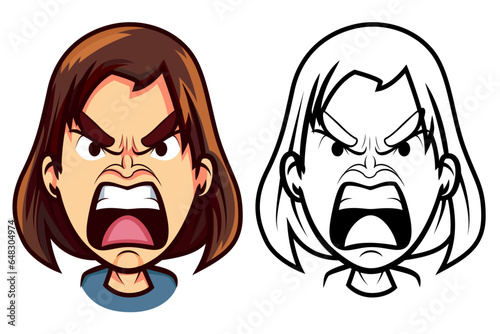 Angry woman yelling mouth open cartoon vector illustration, Mad lady yelling colored and black and white line art stock vector image