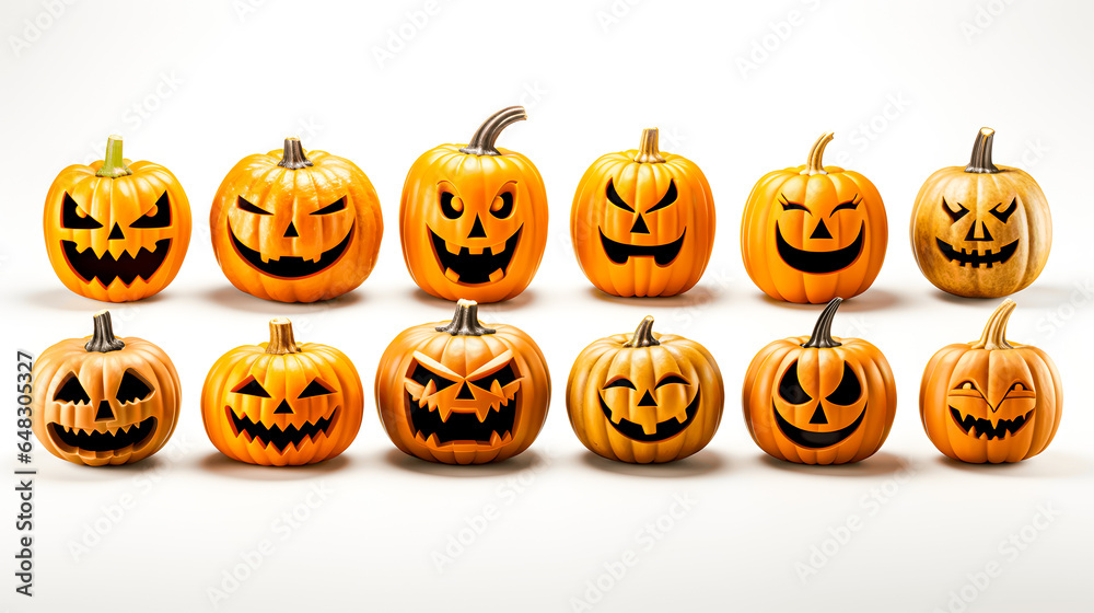 many different pumpkins against a white background (Generative AI)
