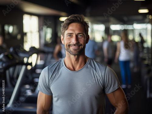 A portrait of a happy young man smiling radiantly in a gym environment. Fitness and muscular man in gym in style with healthy lifestyle.