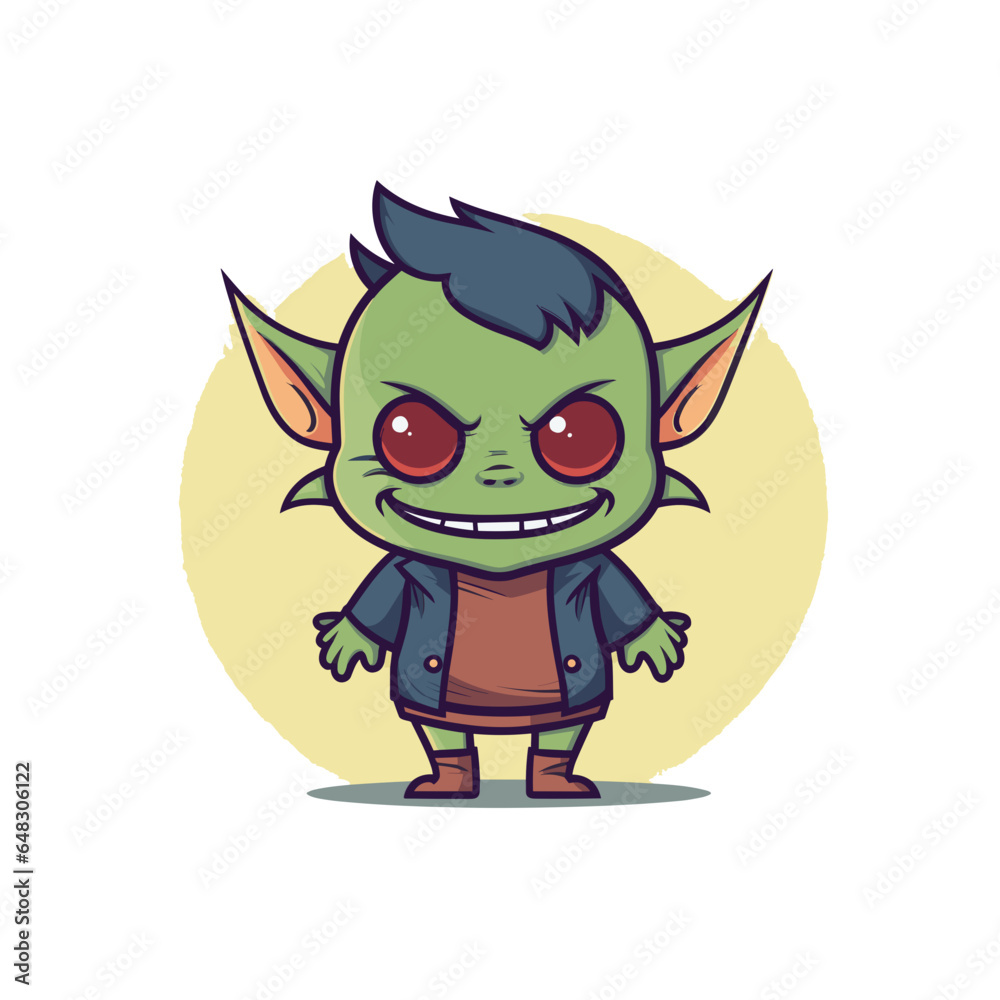 Kawaii goblin character; ideal for Halloween, spooky events, clipart, and sticker creations.