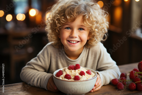 A smiling child is having breakfast with oatmeal porridge with berries