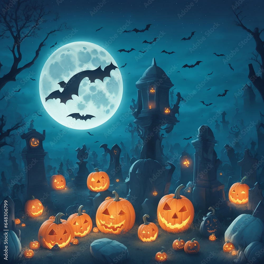 Halloween day eyes of Jack O' Lanterns trick or treating graveyard All Hallows' Eve All Saints' Eve All hallowe'en spooky Horror Ghost Demon background October 31