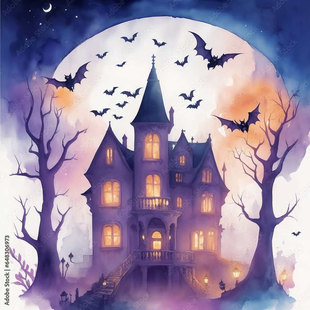 Halloween horror house ghost night background with pumpkin and bat
