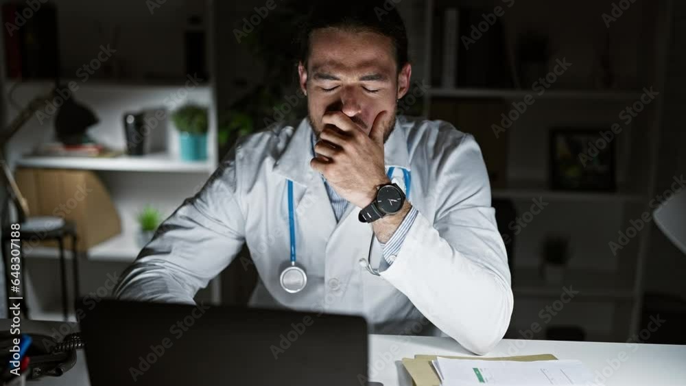 Young hispanic man doctor using laptop tired yawning at the clinic Young hispanic man doctor using laptop tired yawning at the clinic
