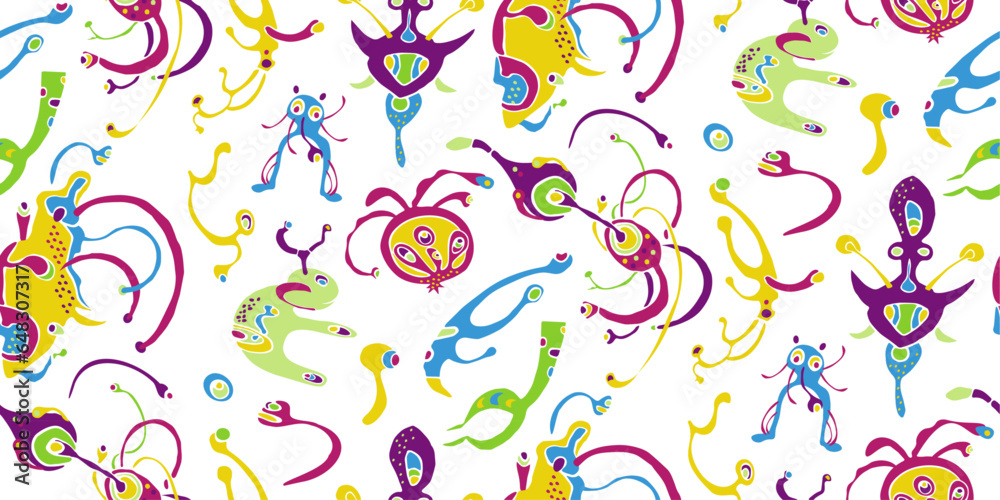Seamless pattern with funny monsters, cartoon sea fantasy elements or botanical fairy shapes. Psychedelic animals and flowers.