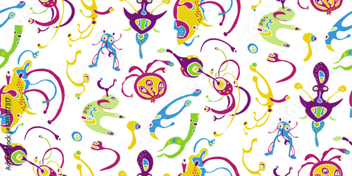 Seamless pattern with funny monsters, cartoon sea fantasy elements or botanical fairy shapes. Psychedelic animals and flowers.