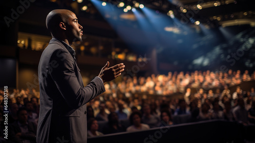 Male Speaker Standing on Stage in front of audience on conference or business event, Motivation Speech Performing Presentation Professional sharing insights. Presenter at Large Stage With Spotlight